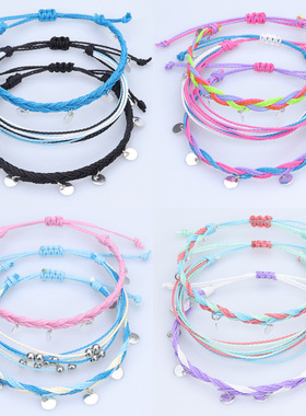 2025新款波西米亚女士防水亮片蜡线编织沙滩脚链手链套装