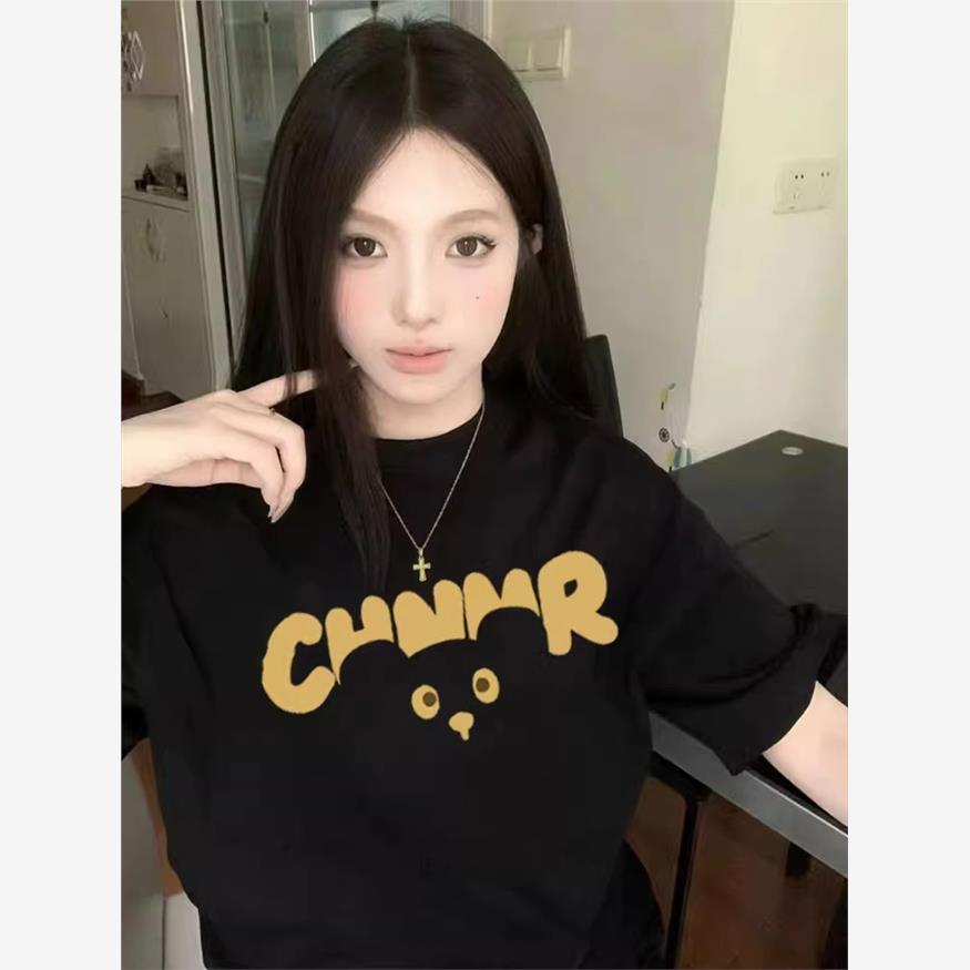 2025新款重磅纯棉美式复古黑色短袖t恤女夏季设计感小众潮牌上衣
