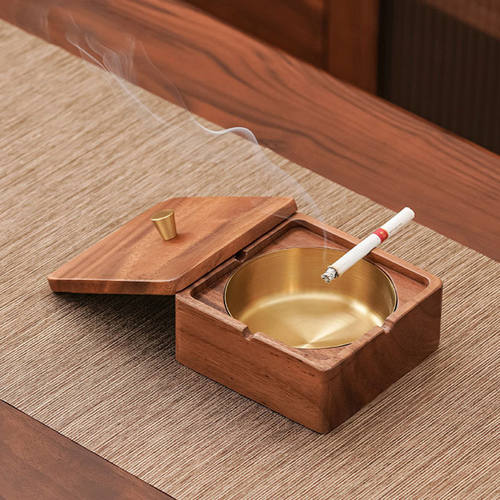胡桃木实木烟灰缸防飞灰防烟味创意家用木质带盖个性不锈钢烟灰缸