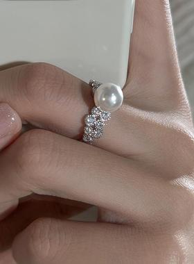 日系轻奢锆石珍珠贝母戒指女高级感气质可调节指环食指戒新款