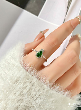 厂家批发天然危料阳绿翡翠葫芦戒指小红书爆款精致花朵S925银