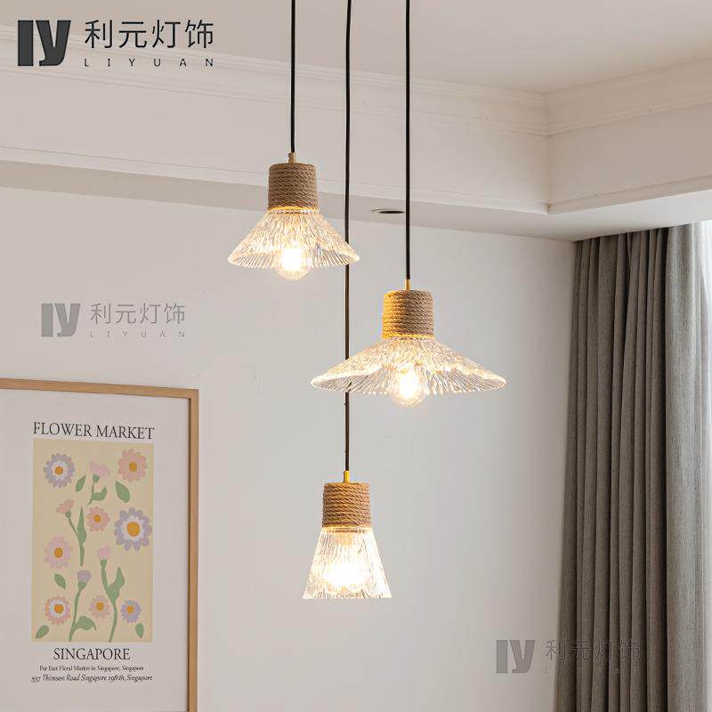 日式原木风玻璃吊灯餐厅吧台橱窗小吊灯商用三头麻绳圆盘餐吊灯