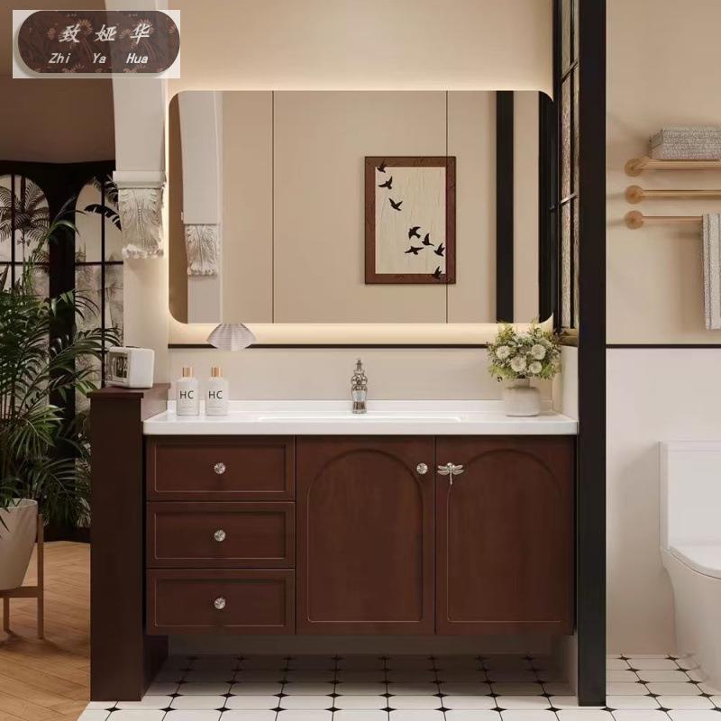 新中式复古洗漱台美式洗脸池洗手台盆柜组合中古风法式橡木浴室柜