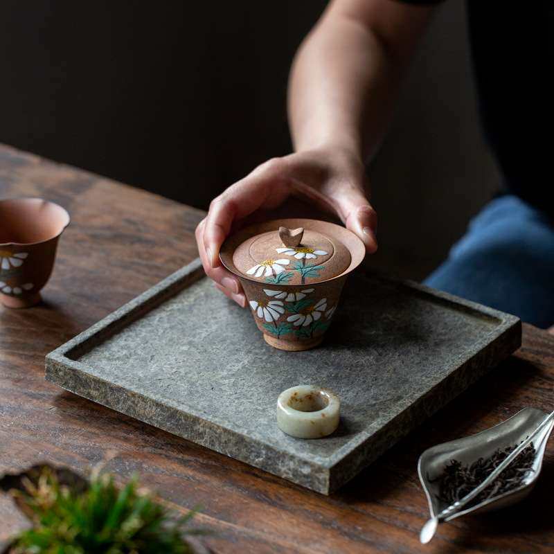 手作花瓣盖碗泡茶碗老岩泥粗陶复古陶瓷单泡茶碗高端把盖碗沏茶碗