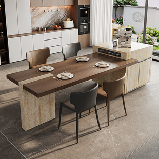 2025新款 洞石岩板岛台餐桌一体中古风家用高端可定制伸缩厨房倒台