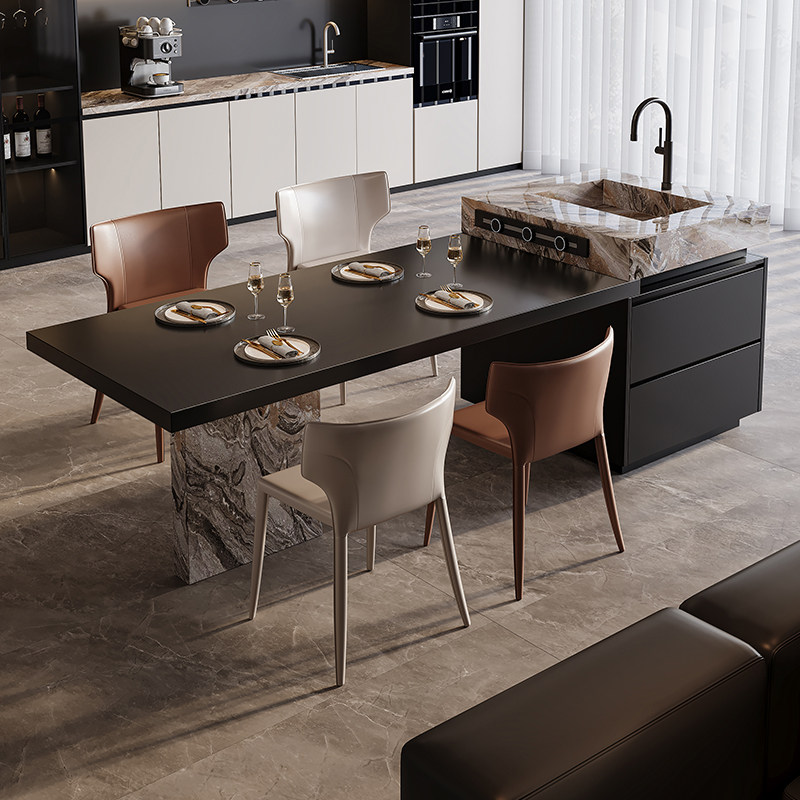 威尼斯棕岩板岛台餐桌一体家用