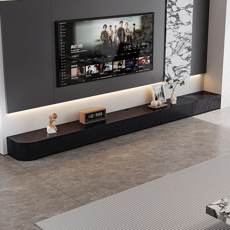 意式轻奢极简火烧石岩板电视柜客厅大户型可定制高端海棠角地柜