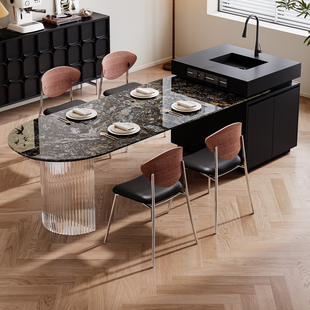 法式 中古风天然奢石岛台餐桌璀璨星河可伸缩中导台客厅家用可定制