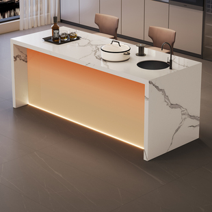 鱼肚白岩板岛台餐桌一体带水槽意式轻奢客厅家用休闲吧台操作台