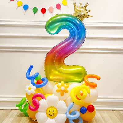 宝宝周岁超大彩虹生日数字气球立柱男孩女孩儿童派对场景布置装饰