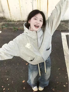 美式复古高领拉链开衫连帽卫衣女款小个子秋冬季百搭加绒加厚外套