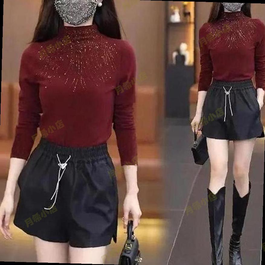 半高领长袖打底衫女秋冬2025新款枣红色上衣高级感烫钻修身打底衣