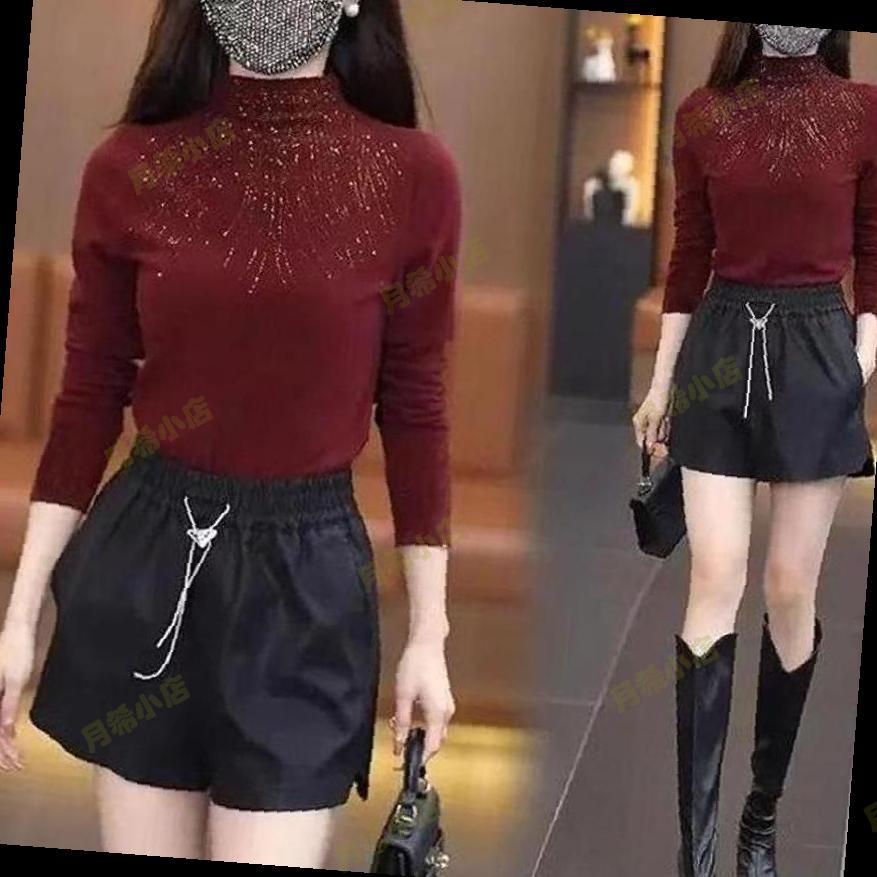 半高领长袖打底衫女秋冬2025新款枣红色上衣高级感烫钻修身打底衣