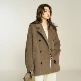 MENGJIAN贝贝羊驼一手长外套女25冬季新款驼色极简气质羊毛呢大衣