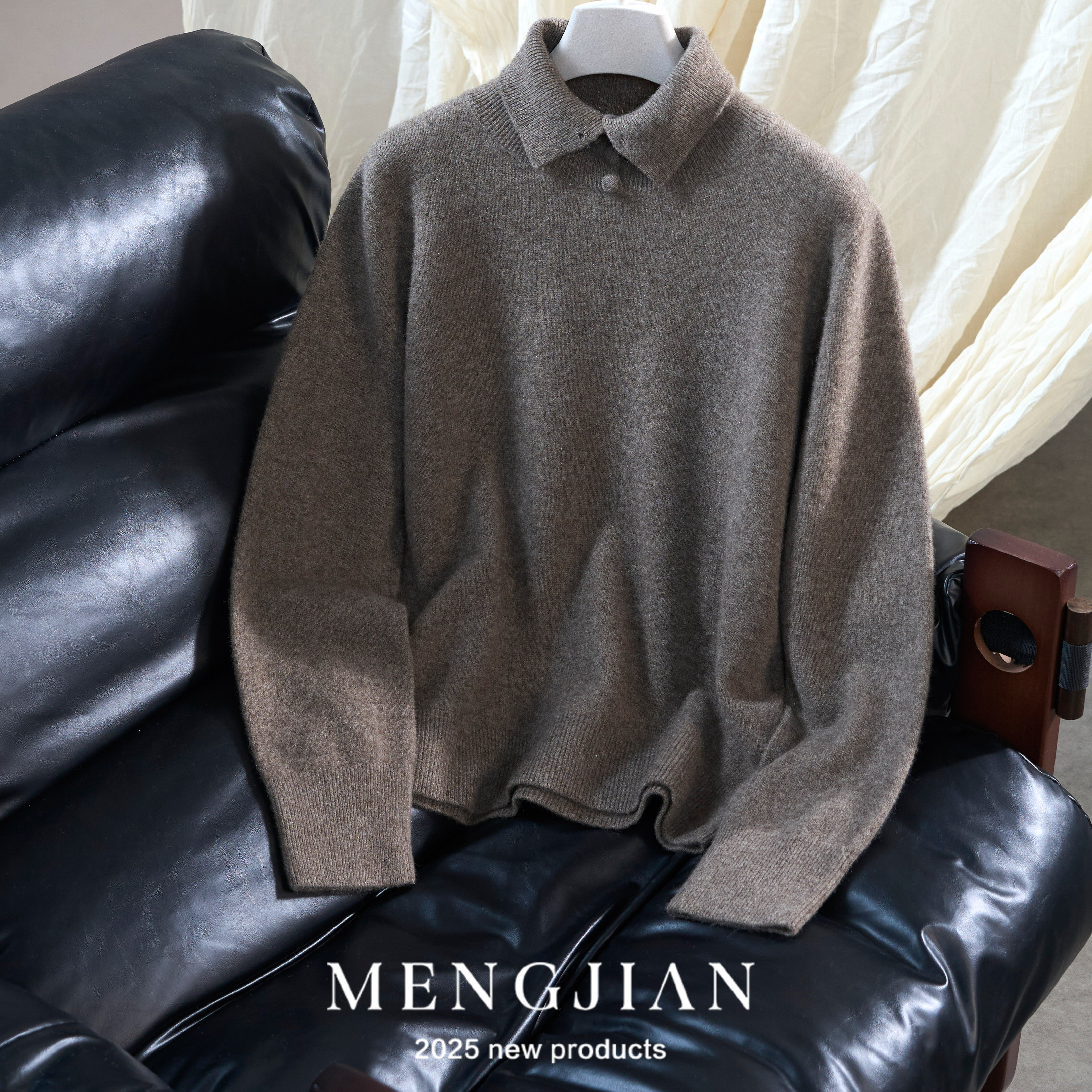 MENGJIAN牦牛绒纯色翻领针织衫女2025冬季新款休闲毛衣保暖打底衫