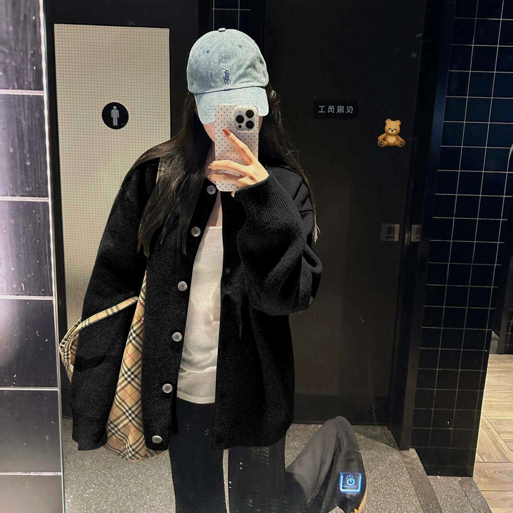 黑色针织开衫女秋季宽松慵懒风休闲高级感春秋外搭毛衣外套上衣冬