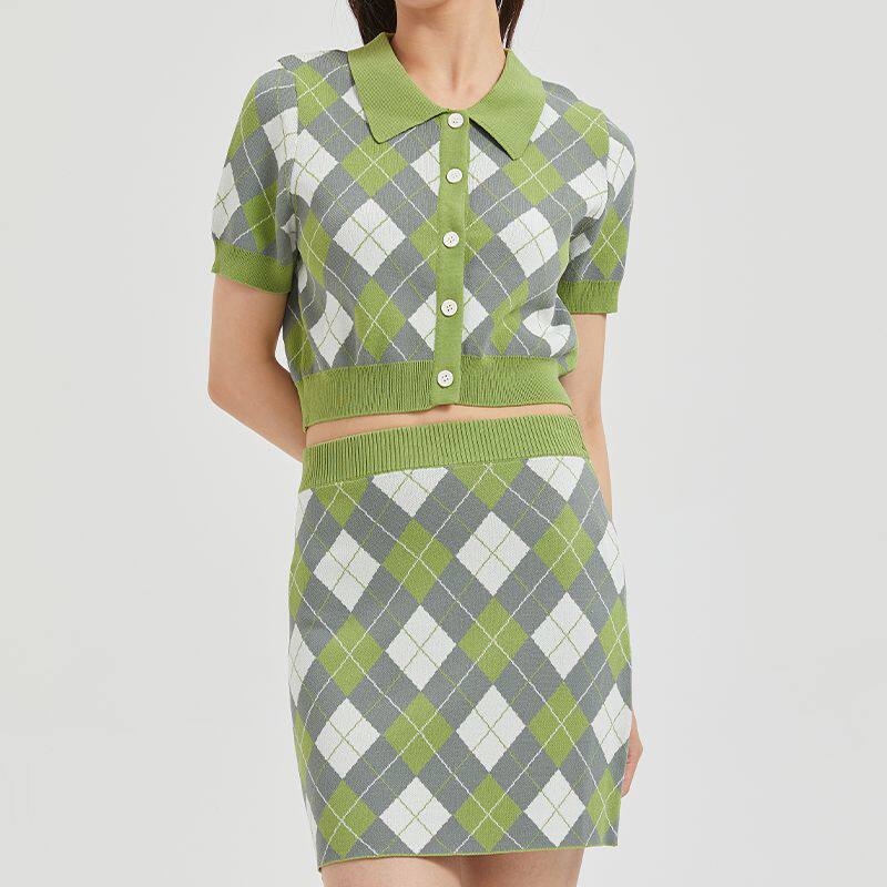格纹针织衫套装两件套短裙短袖外穿撞色女包臀半身裙格子上衣开衫