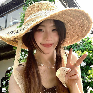 法式蕾丝飘带拉菲草帽女夏大帽檐遮阳防晒帽度假风海边沙滩太阳帽