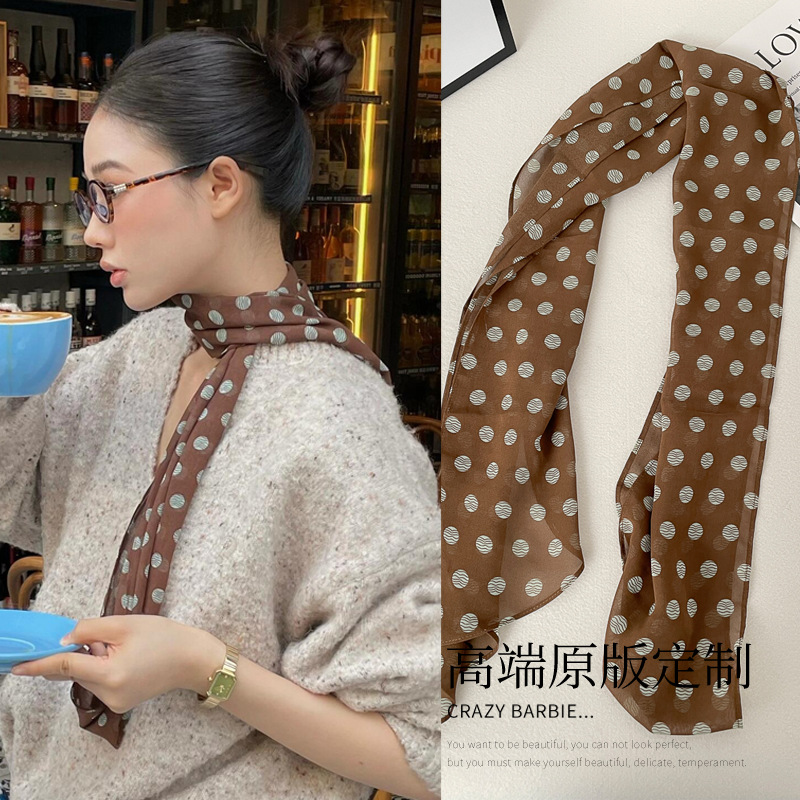 棕色波点丝巾印花高级百搭豹纹系脖女2025年黑色发带绑发长条围巾