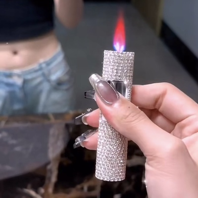 镶钻贴钻水晶圆柱按压高级感高颜值粉色火焰防风充气打火机