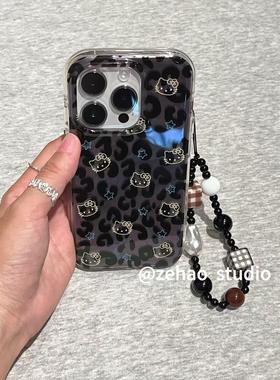 韩风黑灰色豹纹KT猫适用苹果17promax手机壳iphone16pro秋冬新款15高级感14挂绳13女17双层全包防摔保护套pm