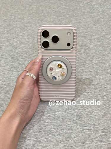 韩系ins简约粉色横条纹磁吸支架双层印花适用iphone17promax手机壳苹果17pro新款15创意16pro女13/14防摔16