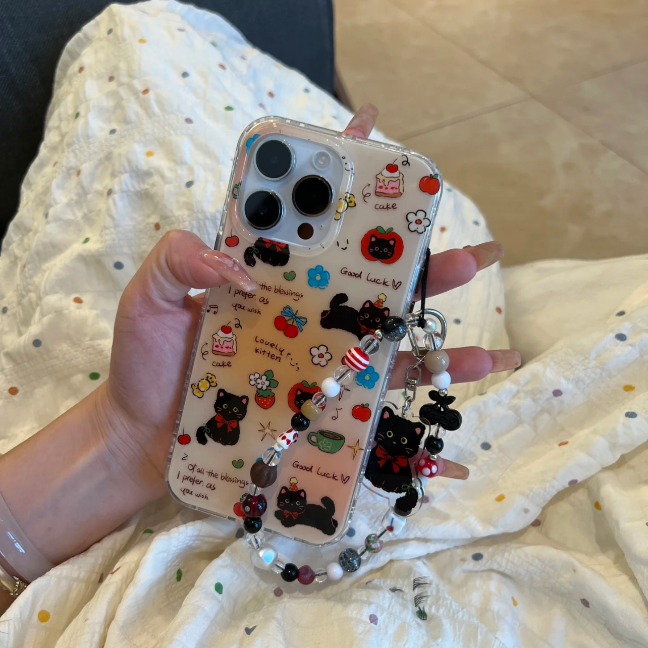 日韩ins可爱晕染樱桃蛋糕黑猫带链条适用iPhone16promax手机壳苹果15新款14超仙女款13小众16防摔15pro保护套