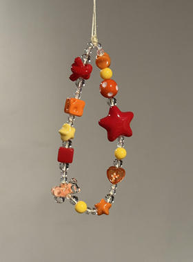 ins风橙色星星小熊纽结韩系手机链串珠挂件手机手链ccd挂件相机链