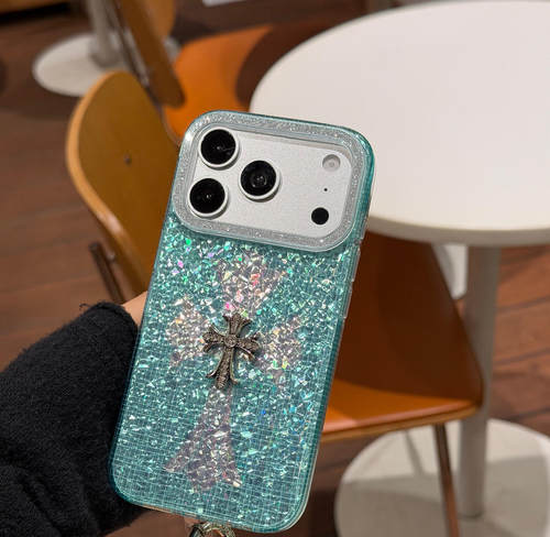 韩系ins高级感闪钻薄荷绿十字架双层适用苹果17手机壳iPhone18promax新款16防摔保护套15小众男女14全包