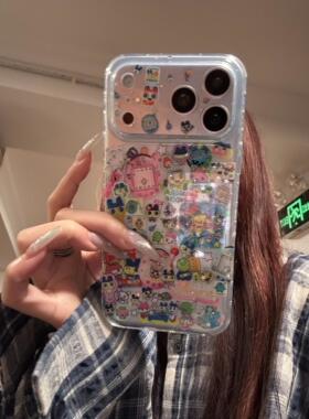 ins韩系闪粉可爱透色拓麻歌子插画双层印花适用iphone17promax手机壳苹果17pro新款16pro女13/14防摔17保护套