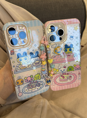 ins卡通闪粉拓麻歌子厨房链条手机壳适用苹果16promax新款IMD双层15pro全包14promax保护套14/13防摔16女款