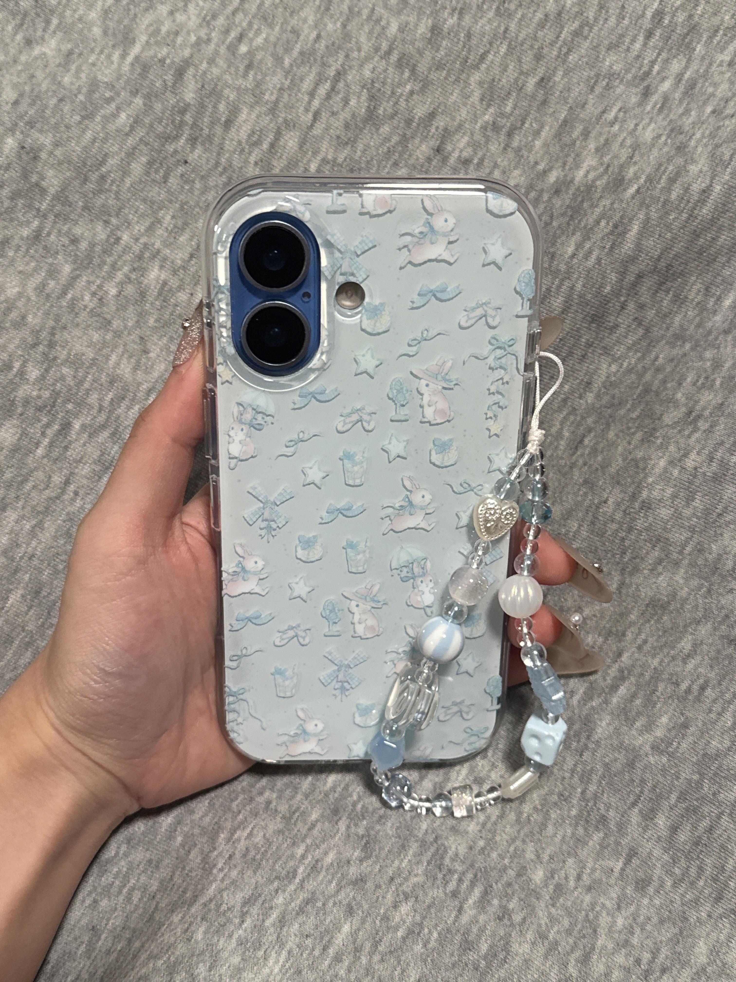 韩系ins简约蓝色系蝴蝶结兔子风扇带链条适用苹果17promax手机壳iPhone16新款15高级感14p/13/15Pro防摔1新款