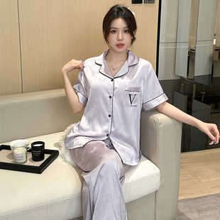 夏季新品欧美维家闺密蝴蝶冰丝薄款睡衣短袖长裤水光绸套装家居服