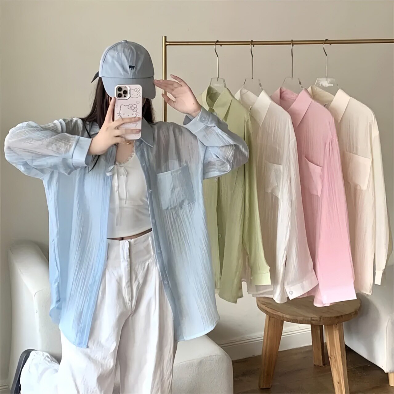 春夏薄款天丝皱防晒衬衫女冰感