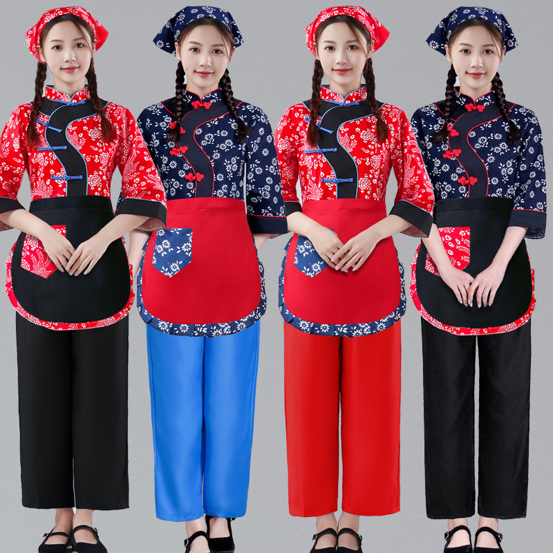 阿庆嫂村姑演出服采茶女服复古碎花围裙成人秧歌民族舞蹈服表演服