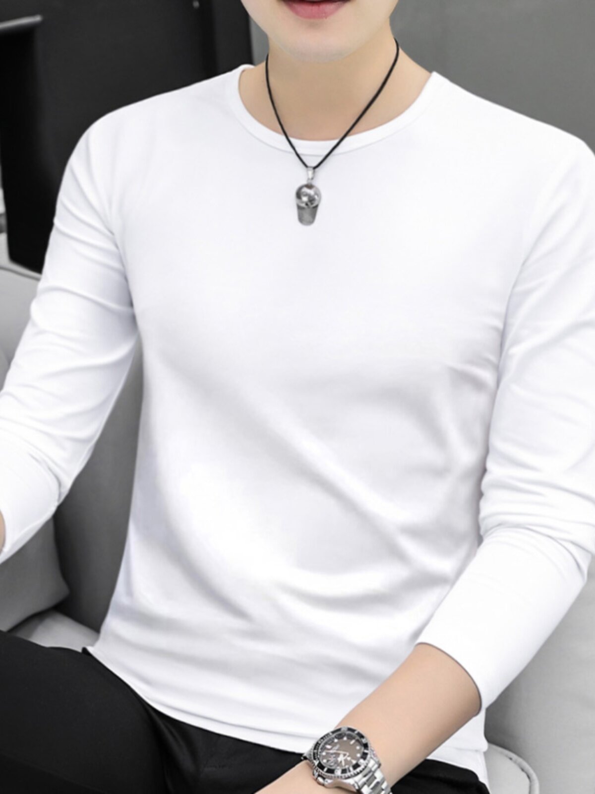 2025春夏新款白色长袖t恤男薄款纯色纯棉圆领修身内搭休闲打底衫