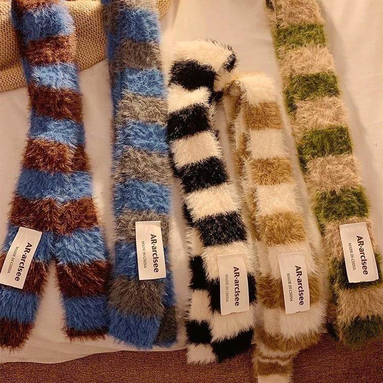 小众毛绒条纹细窄长款围巾女秋冬季保暖韩系氛围感辣妹装饰围脖