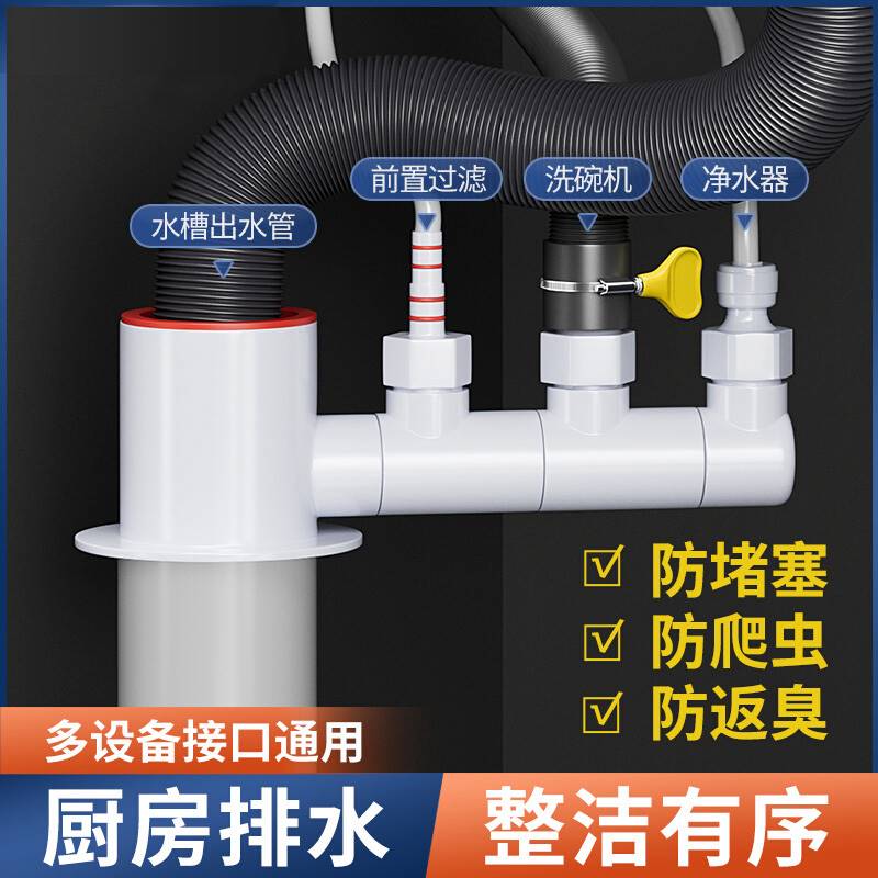 厨房下水管三通多功能接头前置过滤器排水管水槽洗碗机净水器废水