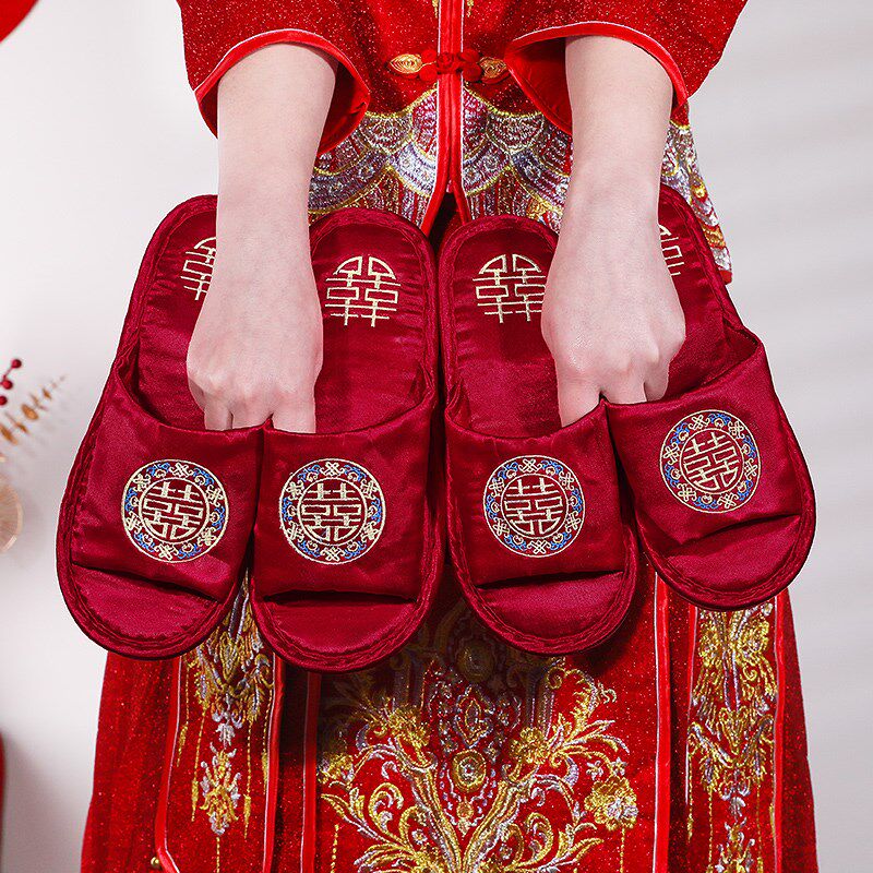 现货结婚秋冬喜字拖鞋一对婚礼新郎新娘H室内红色陪嫁棉拖婚庆用