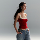 黑色撞色手工花朵吊带上衣显瘦修身 PynkiSwear 红色 背心女夏