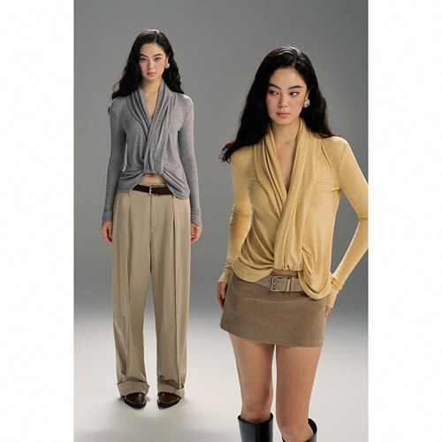 PynkiSwear 黄色/花灰色深V领交叉荡领长袖针织T恤修身上衣女秋