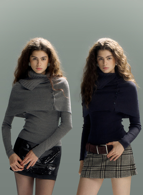 PynkiSwear灰色/藏青色澳大利亚羊毛披肩两件套圆领上衣/罩衫套装