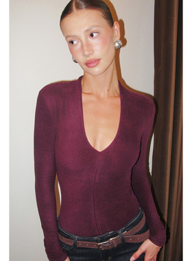 PynkiSwear 灰色/酒红色V领修身长袖针织T恤磨毛保暖打底德绒上衣