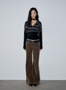 PynkiSwear 复古土棕色低腰微喇麂皮绒长裤女休闲显瘦喇叭裤女秋