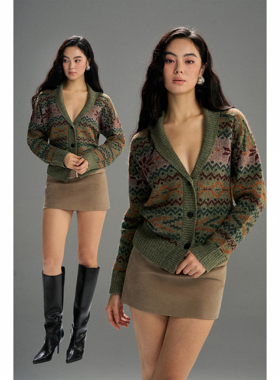 PynkiSwear 复古绿色费尔岛提花V领毛衣短款开衫外套上衣秋含羊毛