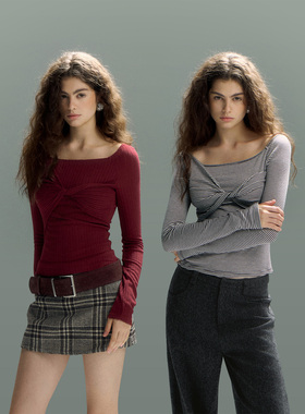 PynkiSwear 灰色条纹/安可拉红圆领不对称扭结褶皱长袖T恤上衣女