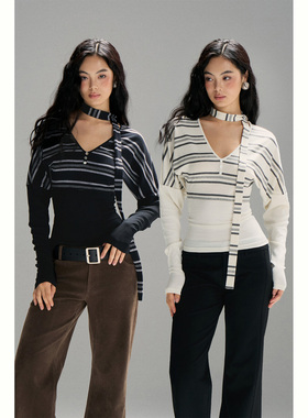 PynkiSwear 黑灰条纹/白灰条纹V领落肩拼接收腰针织T恤飘带上衣秋