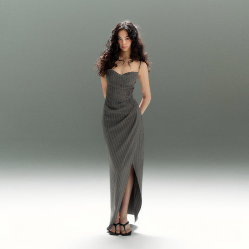 PynkiSwear 灰色条纹V领修身吊带长裙女小众高开叉旗袍扣连衣裙