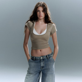 吊带背心两件套女修身 PynkiSwear 正肩t恤 灰色 U领短袖 沙色 粉色