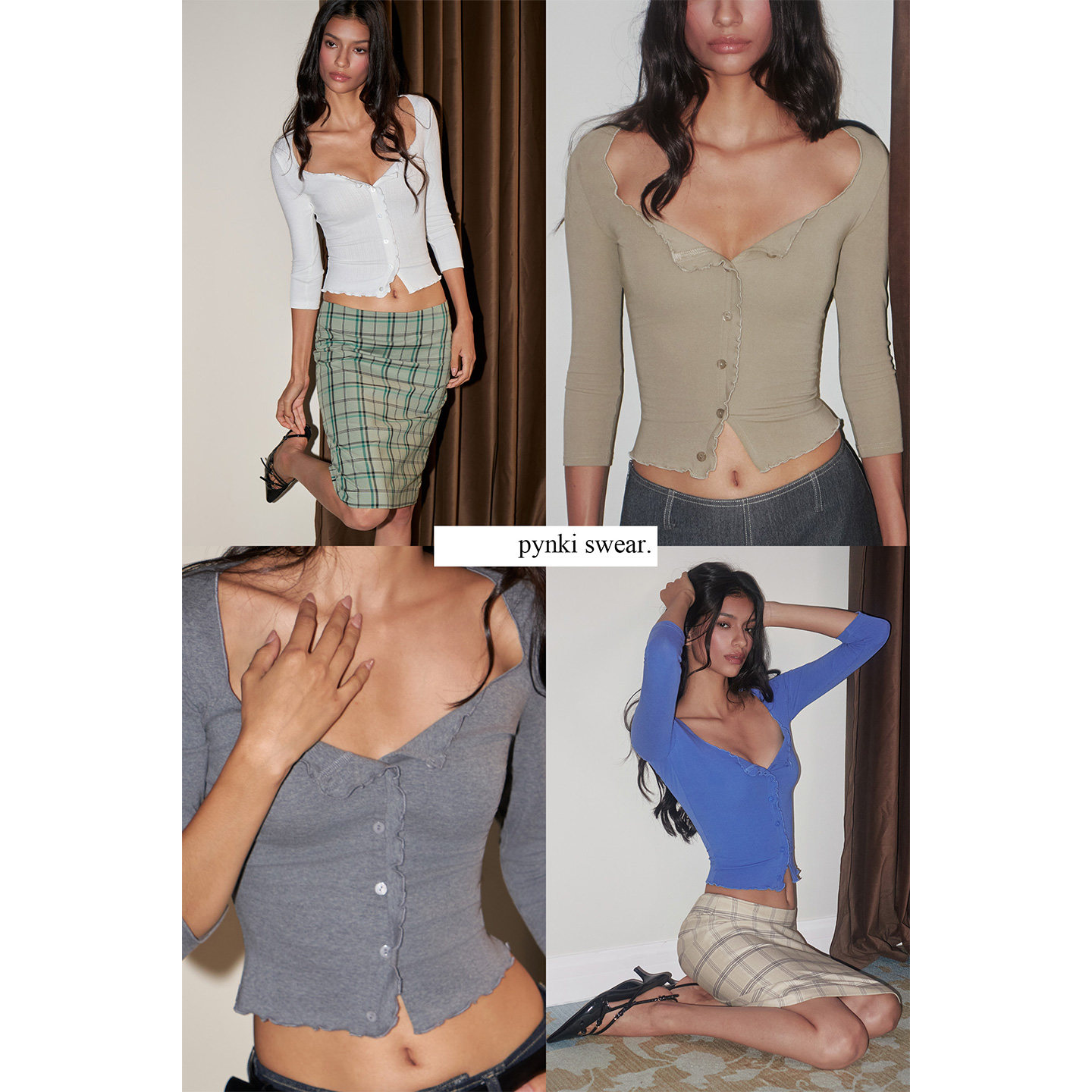 PynkiSwear 纯色V领木耳边中袖T恤女弹力针织修身上衣基础打底衫图片